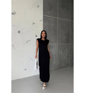 Neşeli butik kadın vatkalı yırtmaç detaylı modal elbise NBG010 (Siyah)