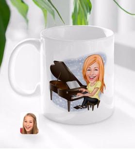 BK Gift Kişiye Özel Kadın Müzik Öğretmeni Karikatürlü Beyaz Kupa Bardak-1
