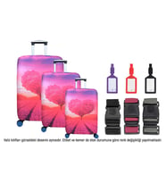Bagacar Kalp 3lü Set Valiz Kılıfı, 3 lü Valiz Kemeri, 3lü Valiz Etiketi (Pembe - Beyaz - Krem)