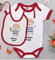 BK Kids Summer Time Tasarımlı Kırmızı Bebek Body Zıbın ve Mama Önlüğü Hediye Seti-1