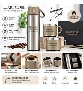 LUXIC CORE Kişiye Özel İsimli Paslanmaz Çelik Termos ve 2'li Bardak Hediye Seti Gri