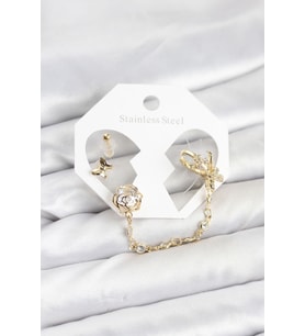 Pirinç Gold Renk li Model Zincir Bağlantılı Ear Cuff Küpe Seti TJ-BKP11543