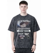 Tasarım Jujutsu Kaisen Gojo Satoru Anime Baskılı Unisex Oversize Eskitme Yıkamalı Tişört