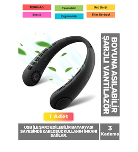 Premium Sessiz Sarı Eller Serbest Boyuna Asılabilir Şarjlı 3 Kademeli Vantilatör Klima Soğutucu Fan