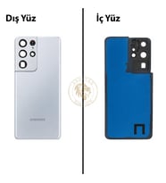 Samsung Galaxy S21 Ultra Gümüş Renk Lensli Arka Kapak Arka Cam Batarya Kapağı Pil Kapağı Lazer Kesim Back Cover Galaxy S21 Ultra Uyumlu