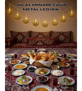 Pilli Minareli Hilal Led Işık Gold Metal Ramazan Dekorasyonu