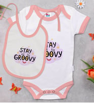 BK Kids Stay Groovy Tasarımlı Pembe Bebek Body Zıbın ve Mama Önlüğü Hediye Seti-1