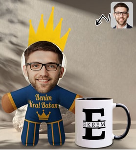 BK Gift Kişiye Özel Fotoğraflı Kral Babam Tasarımlı Bebek Yastık-2 & Siyah Kupa Bardak Hediye Seti-4, Babalar Günü Hediye, Babaya Hediye