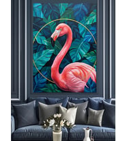 Pembe Flamingo Mavi Yeşil Yapraklar Dekoratif Kanvas - Mdf Ahşap Tablo