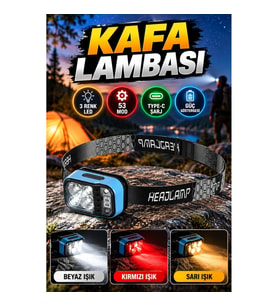 3 Renkli LED Kafa Feneri – 53 Mod, Type-C Şarj ve Güç Göstergesi
