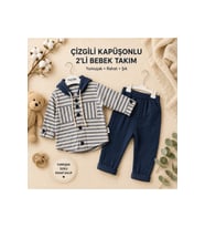 Erkek Bebek Kapüşonlu Müslin Takım - Çizgili Gömlek ve Pantolon Seti