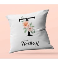 Kişiye Özel T Harfi Temalı Gül Tasarım Saten Kare Yastık (Beyaz)
