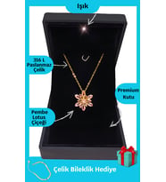 Işıklı Premium Kutuda  Işıltılı Pembe Lotus Çiçeği Çelik Kolye  Paslanmaz Kararmaz Gold  + hediye