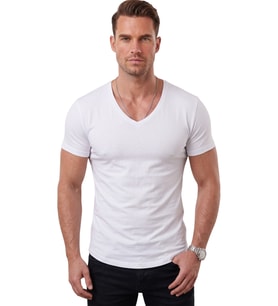DeepSEA Beyaz Erkek Slim Fit Derin V Yaka Basic Tişört %90 Pamuk Likralı Asimetrik Kesim 2602265