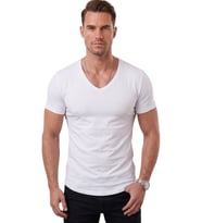 DeepSEA Beyaz Erkek Slim Fit Derin V Yaka Basic Tişört %90 Pamuk Likralı Asimetrik Kesim 2602265