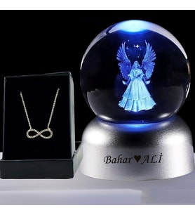 Kişiye Özel  Led Işıklı Cam Melek Küre Dolunay Lamba  Ve Sonsuzluk Kolye