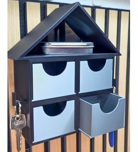 Duvara Monte Anahtarlık ve Çekmeceli Organizer - 3D Yazıcı Ev Tasarımlı Takı Kutusu - Minimalist Masaüstü Düzenleyici - 4 Çekmeceli Ev Objesi