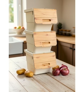 3’lü Tekerlekli Bambu Renk Sebzelik - Patates Soğan Sepeti Organizer - 36 L Hava Alan Kutu