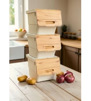 3’lü Tekerlekli Bambu Renk Sebzelik - Patates Soğan Sepeti Organizer - 36 L Hava Alan Kutu