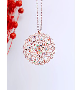 925 Ayar Gümüş Yaşam Çiçeği ,Renkli zirkon Taşlı Kolye (Rose Gold Altın)