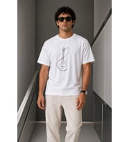 Erkek Minimal Gitar Baskılı Tişört T-Shirt Yazlık Kısa Kol Bisiklet Yaka T-Shirt - Beyaz