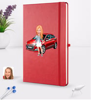 BK Gift Kişiye Özel Plakalı Kadın Hyundai İ20 Karikatürlü Kırmızı Termo Deri Defter 16x24cm Model 1