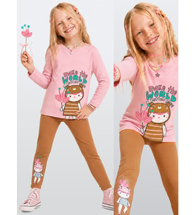 Kız Çocuk Pamuklu Uzun Kollu T-shirt & Tayt Takımı – Sevimli Karakter Baskılı (2-8 Y)