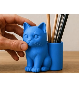3D Baskı Kedi Figürlü Kalemlik - Masaüstü Organizer - Mavi
