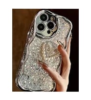 Caş Dekorasyon Gümüş Renk Kalp Figürlü Simli 14 Pro Max Telefon Kılıfı