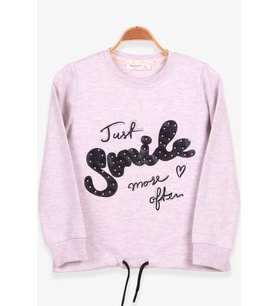 Breeze Kız Çocuk Sweatshirt İncili Taşlı Beli Bağcıklı 6-12 Yaş, Bej Melanj