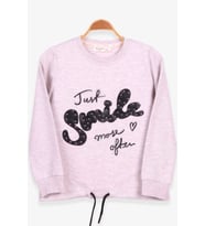 Breeze Kız Çocuk Sweatshirt İncili Taşlı Beli Bağcıklı 6-12 Yaş, Bej Melanj