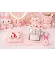 Pembe Peluş Kırmızı Beyaz Fiyonk Tasarımlı Çift Taraflı Katlanabilir Makyaj Aynası Çanta Aksesuarı