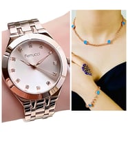 Ferrucci 1. Sınıf Çelik Şık Kadın Kol Saat+Nazarlıklı Hediye Set (Rose)