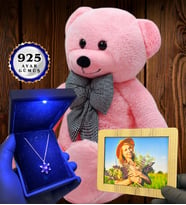 Size Özel Premium Set Büyük Boy Pembe Peluş Ayıcık ve Gerçek 925 Ayar Gümüş Kolye (Model 1)