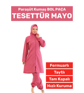 Özel Üretim Yüksek Kalite Konforlu Fermuarlı Taytlı Tam Kapalı Paraşüt Kumaş Bol Paça TESETTÜR MAYO (Pembe)