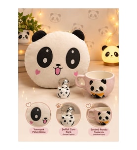 Doğum Günü, Özel Gün, Yeni İş, Yeni Ev Hediyesi Panda Yastık, Panda Figürlü Seramik Kupa ve Panda Kar Küresi Seti