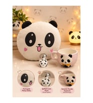 Doğum Günü, Özel Gün, Yeni İş, Yeni Ev Hediyesi Panda Yastık, Panda Figürlü Seramik Kupa ve Panda Kar Küresi Seti