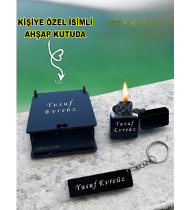 Kişiye Özel Isimli Siyah Benzinli Çakmak Ve Anahtarlık Özel Ahşap Kutusunda