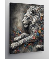Kanvas Tablo Gri Aslan Ve Çiçek Desenler