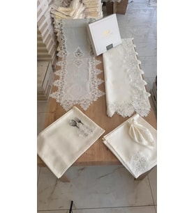 Sofra Takımı Mimoza Gardenya Keten Yemek Takımı 160x260 Masa Seti 26 Parça Runner Set Krem