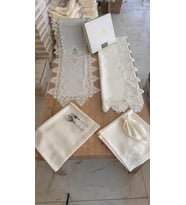 Sofra Takımı Mimoza Gardenya Keten Yemek Takımı 160x260 Masa Seti 26 Parça Runner Set Krem