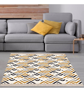 Geometrik Zigzag Desenli Dijital Baskı Yıkanabilir Kaymaz Taban Klasik Salon Halısı (Hardal)