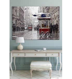 BEYOĞLUNDA KAR YAĞIŞI VE TRAMVAY, KANVAS TABLO, KAFE, BÜRO VE OTELLERE UYGUN