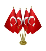 Masa Üstü Dörtlü Türk Bayrağı Dörtlü Pirinç Direk Masa Bayrak Seti
