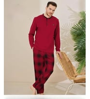 Pijamoni Erkek Pamuklu Düğme Yaka Uzun Kol İnce Pijama Takımı 100/7 - 1 Adet (Bordo)