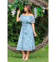 Neşeli butik kadın mint carmen yaka çiçekli midi boy şifon elbise NB10037