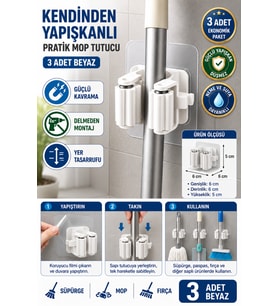 3 Adet Kendinden Yapışkanlı Mop Tutucu Duvar Tipi Sap Tutucu