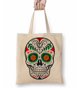 Renkli Ve Desenli Kuru Kafa Skull Bez Çanta Uzun Saplı