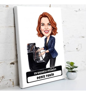 Piyaniste Hediye Kadın Karikatürlü Kanvas Tablo