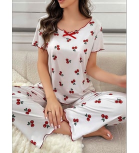 Fantezia Night Kadın Beyaz Kiraz Desenli Kısa Kollu Yumuşak Pijama Takımı 5128